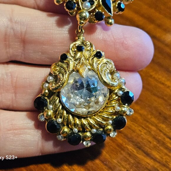 HOLIDAY RUNWAY STATEMENT JOSE & MARIA BARRERA BLACK CRYSTAL GOLD NECKLACE STRAND - Picture 4 of 8